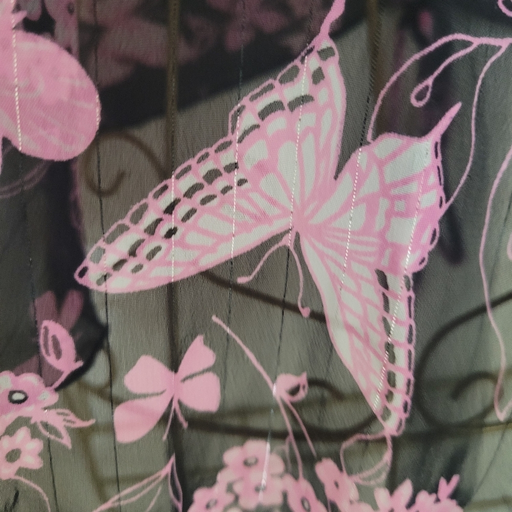 19. Pink and Black Butterfly Flowy Halter Cut Top With Tie Back Size S - Picture 5 of 6